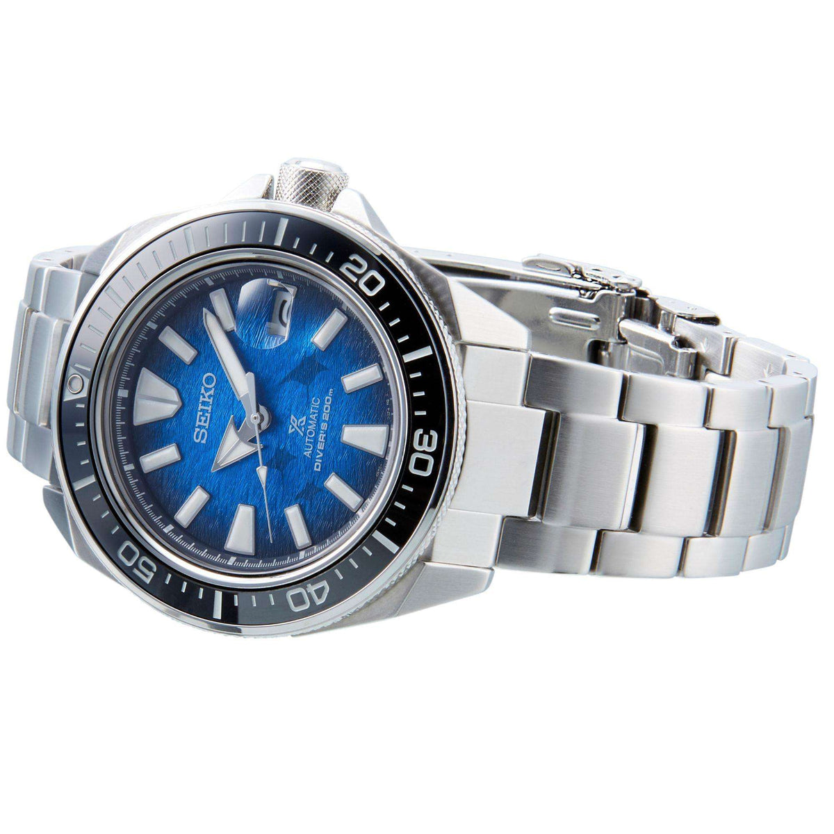 Men's stainless steel diver watch with blue dial, black bezel, and metal bracelet