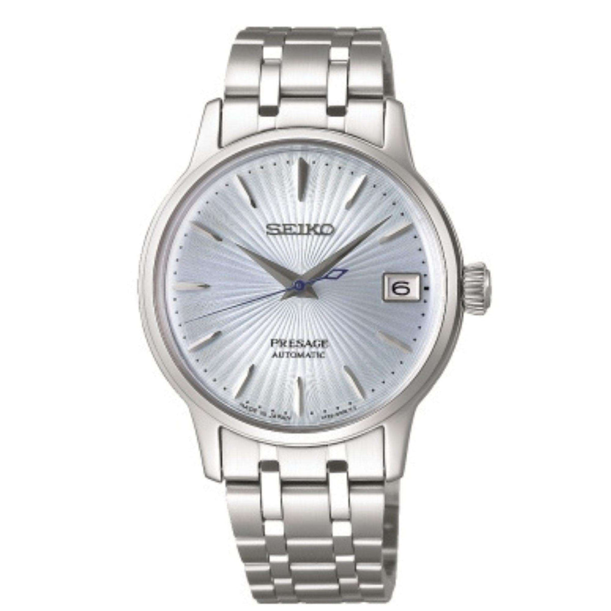 Ladies automatic watch with light blue dial, silver stainless bracelet, date window at 6.