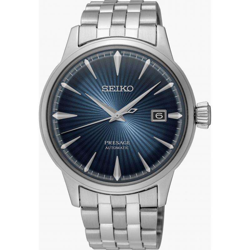 Men's Seiko Presage automatic watch, blue sunburst dial, silver stainless bracelet