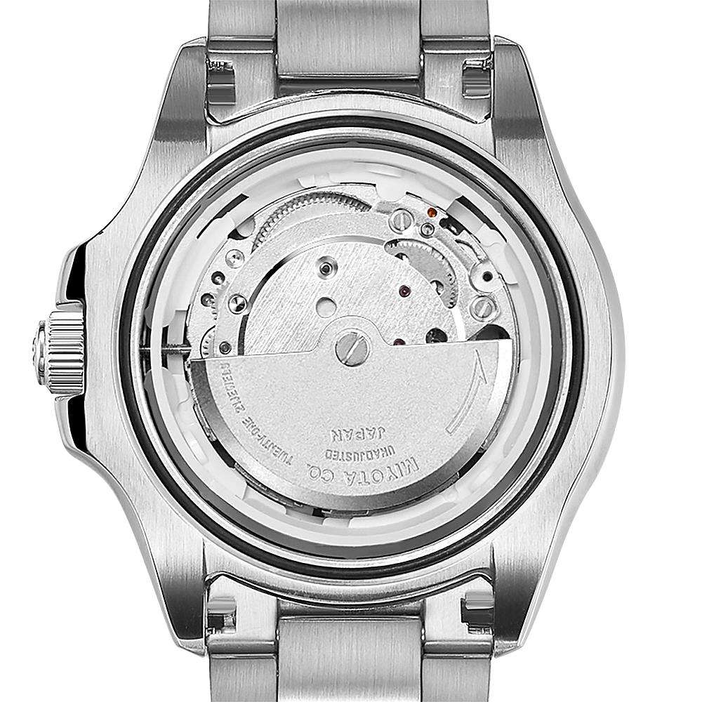 Men's dive watch caseback showing silver internal movement under glass
