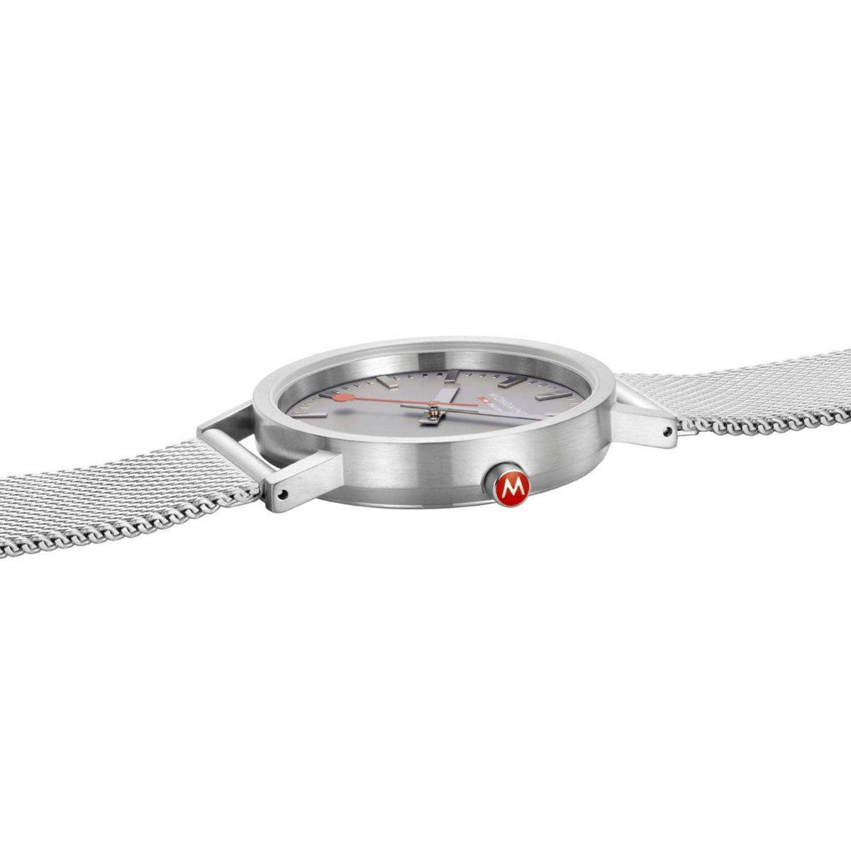 Stainless steel watch case and clasp with mesh bracelet links, round side profile view