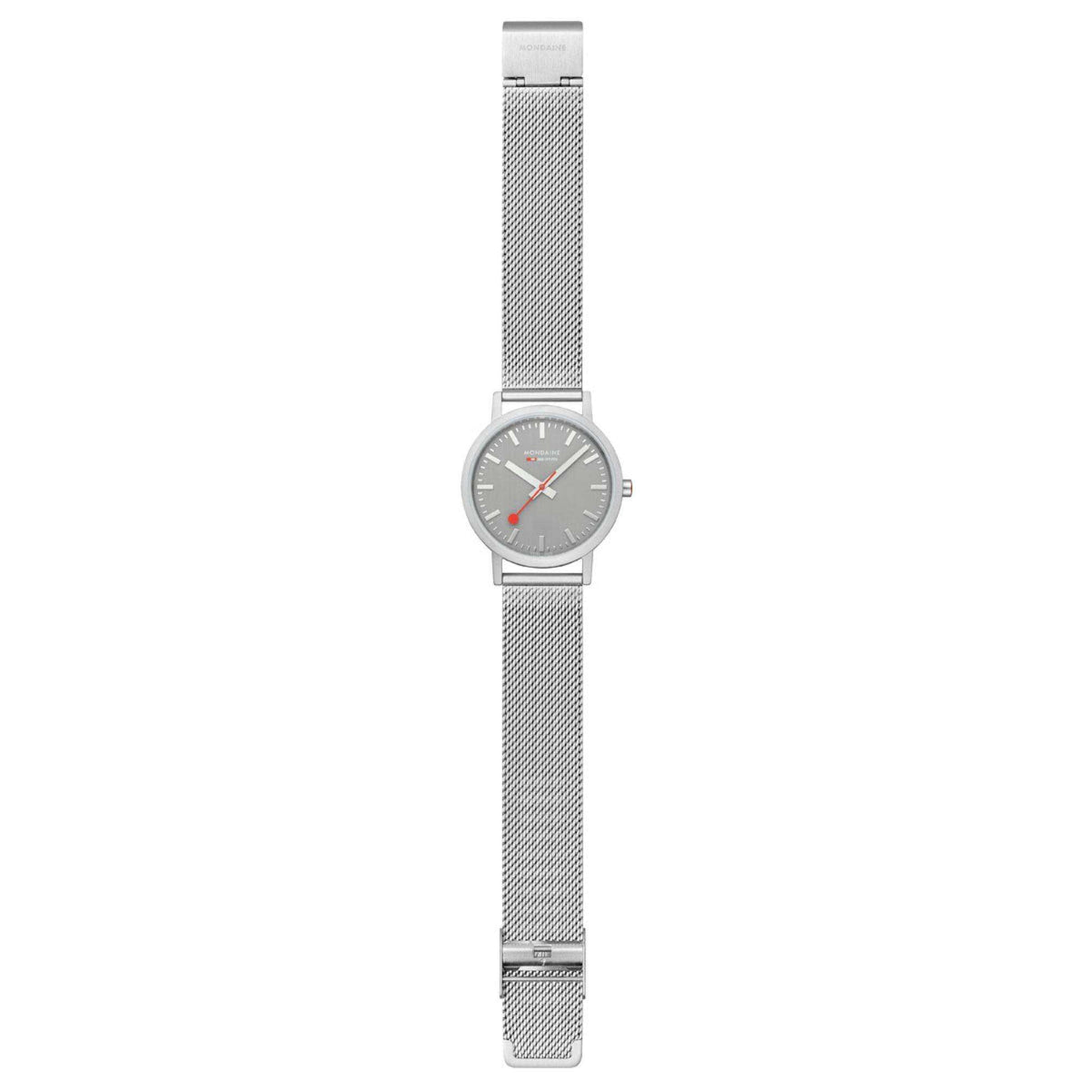 Stainless steel mesh bracelet watch with gray dial and red-accent hands, side view