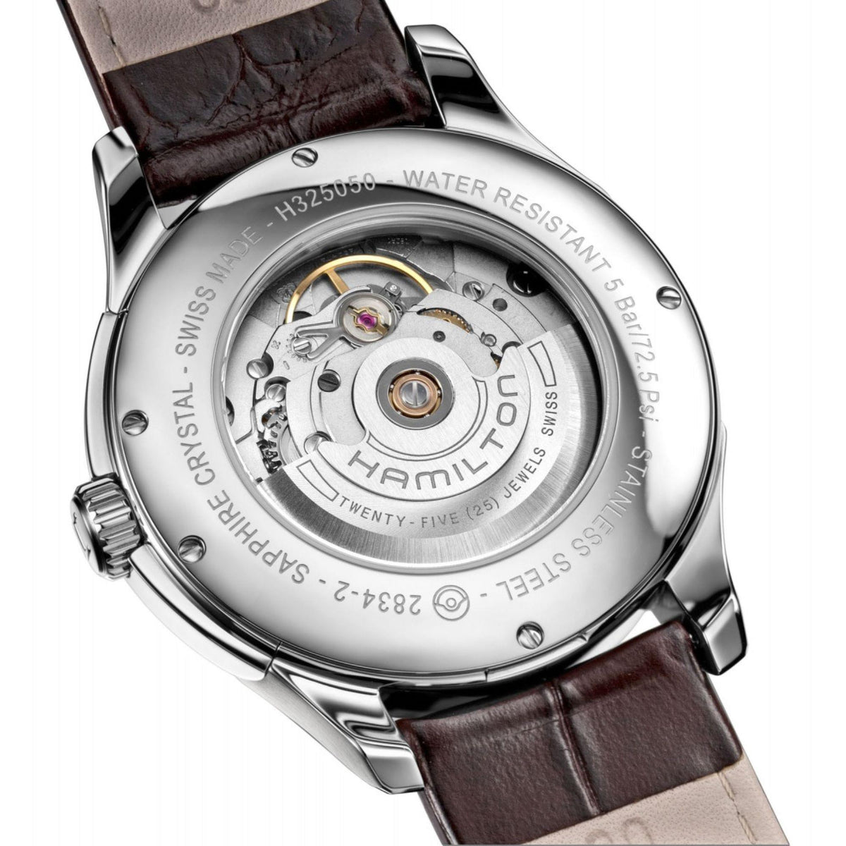 Men's automatic watch with stainless caseback and brown leather strap, visible movement