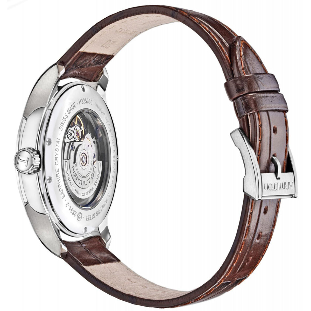 Men's automatic watch in stainless case with brown leather strap, side profile