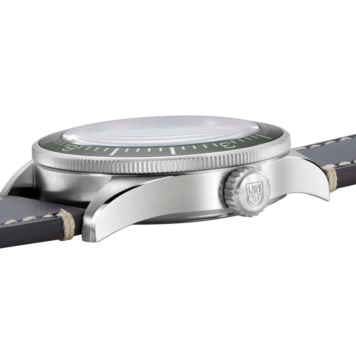 Luminox Constellation XA.9602 side profile showing stainless steel watch case and grey leather strap