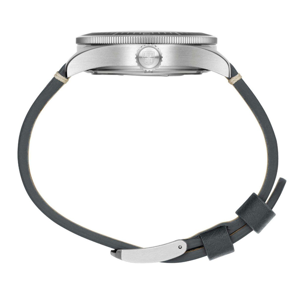 Luminox Constellation XA.9602 side view displaying slim case profile, textured crown, and black bezel