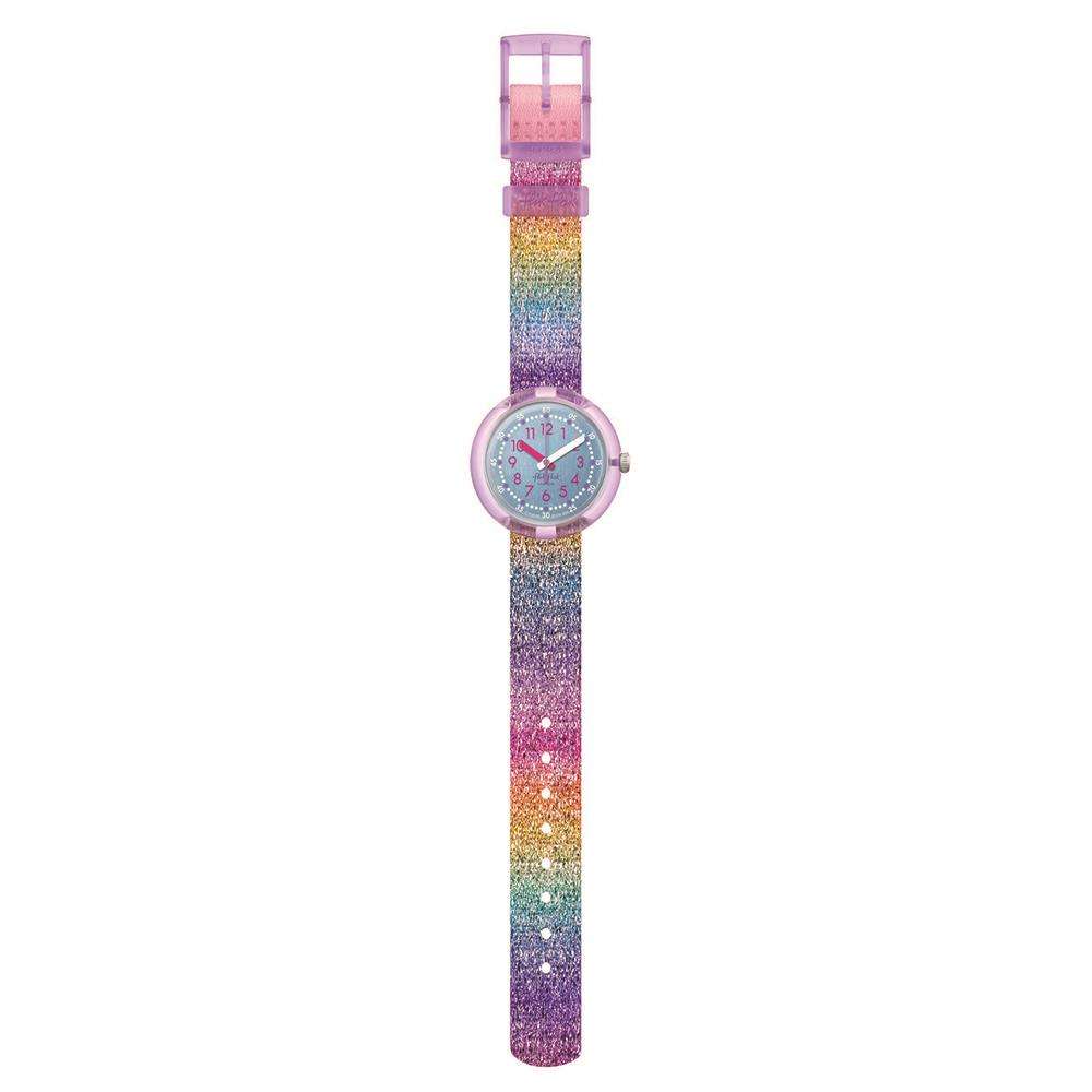 Girls' rainbow glitter wristwatch with round purple case and long extended strap