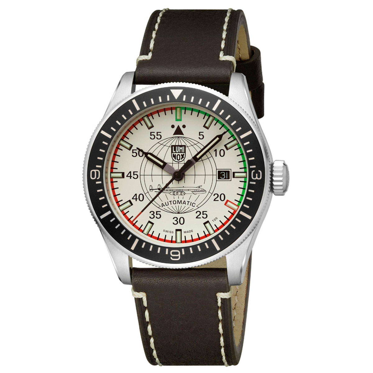 Luminox Constellation XA.9607 mens watch angled front view featuring cream dial, black bezel, and brown leather strap