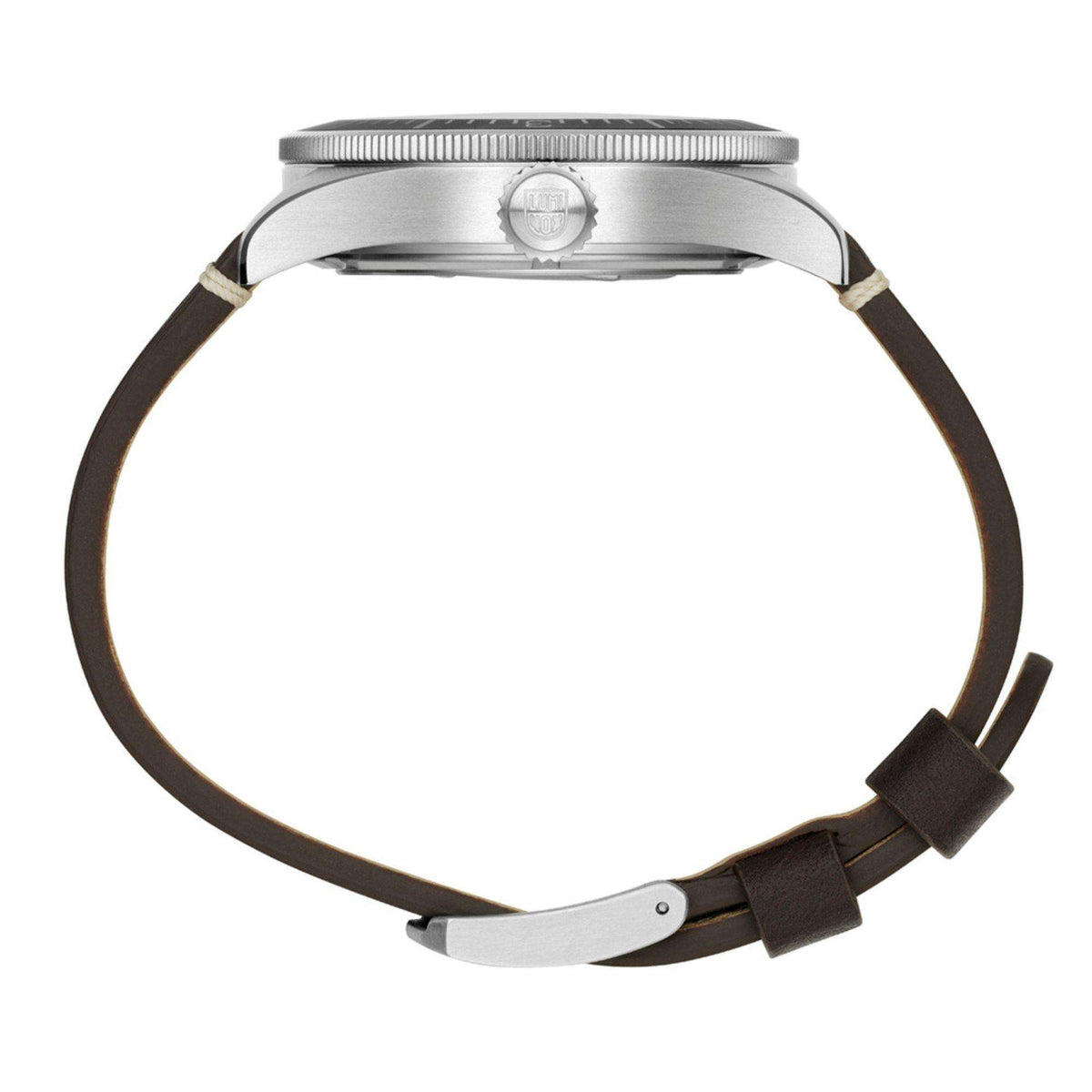 Luminox Constellation XA.9607 side view showing slim case profile, textured crown, and brown leather strap