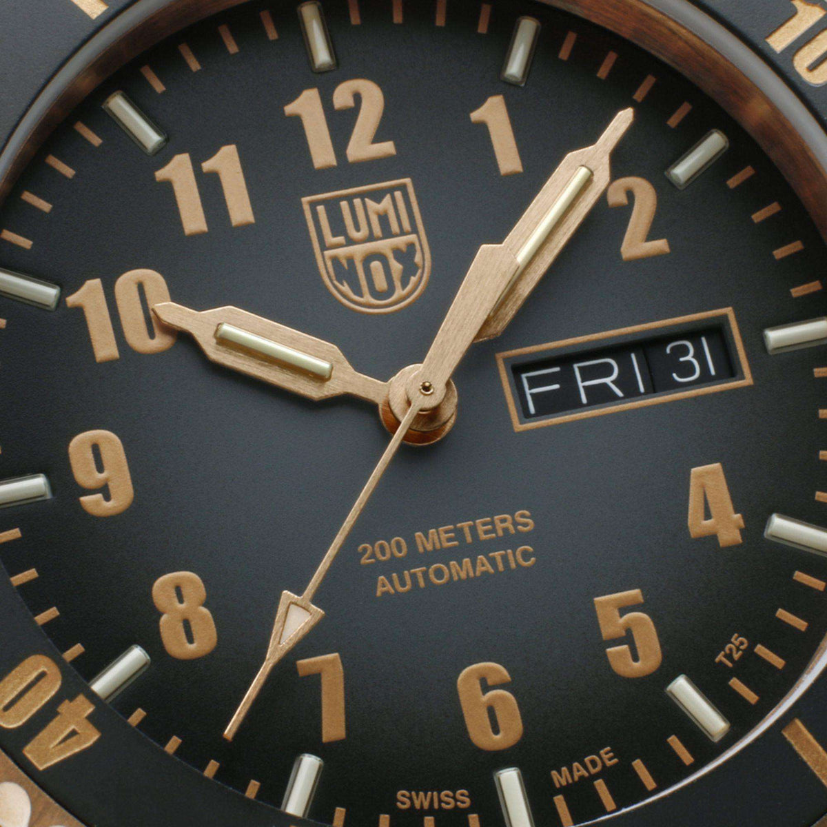 Men's automatic watch dial close-up with “FRI 31” date window and luminous markers