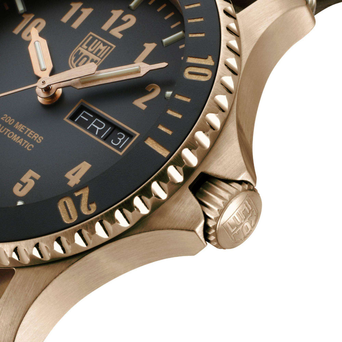 Men's automatic watch close-up of black dial, date window, and serrated bezel edge