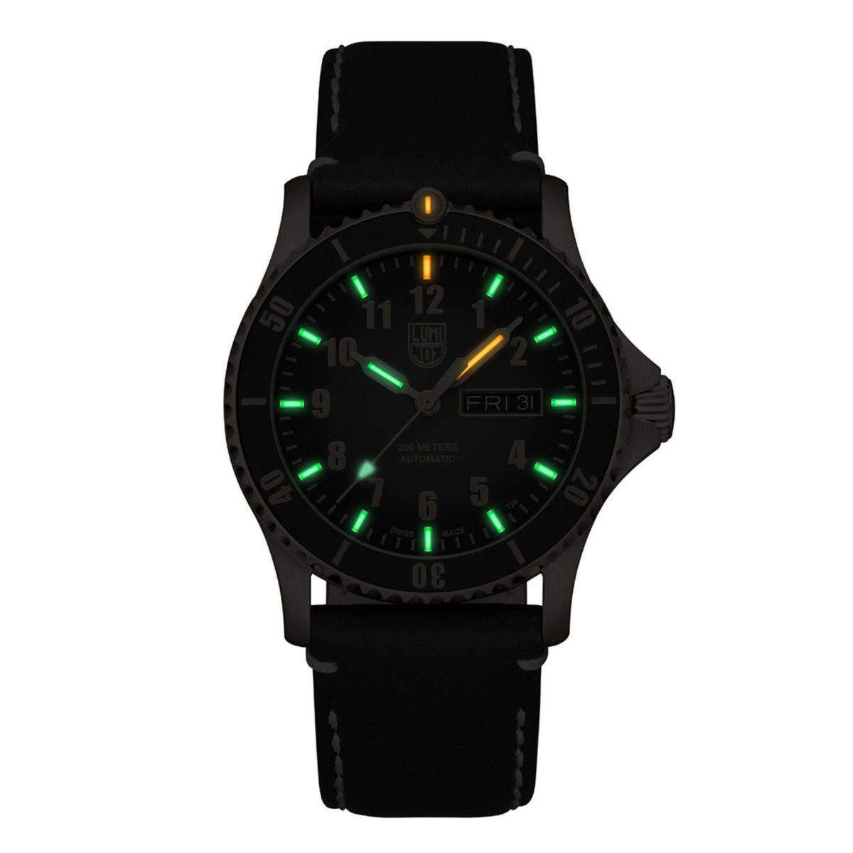 Men's automatic watch with black dial and green luminous markers, black leather strap