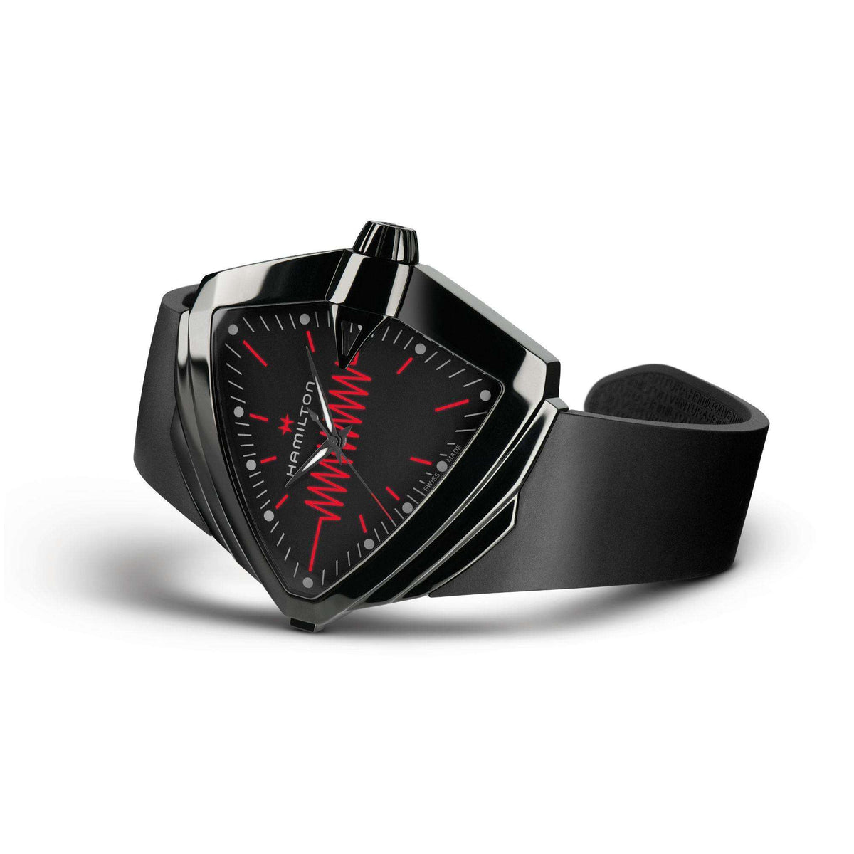 Black rubber strap watch with angular case and black dial featuring red highlights