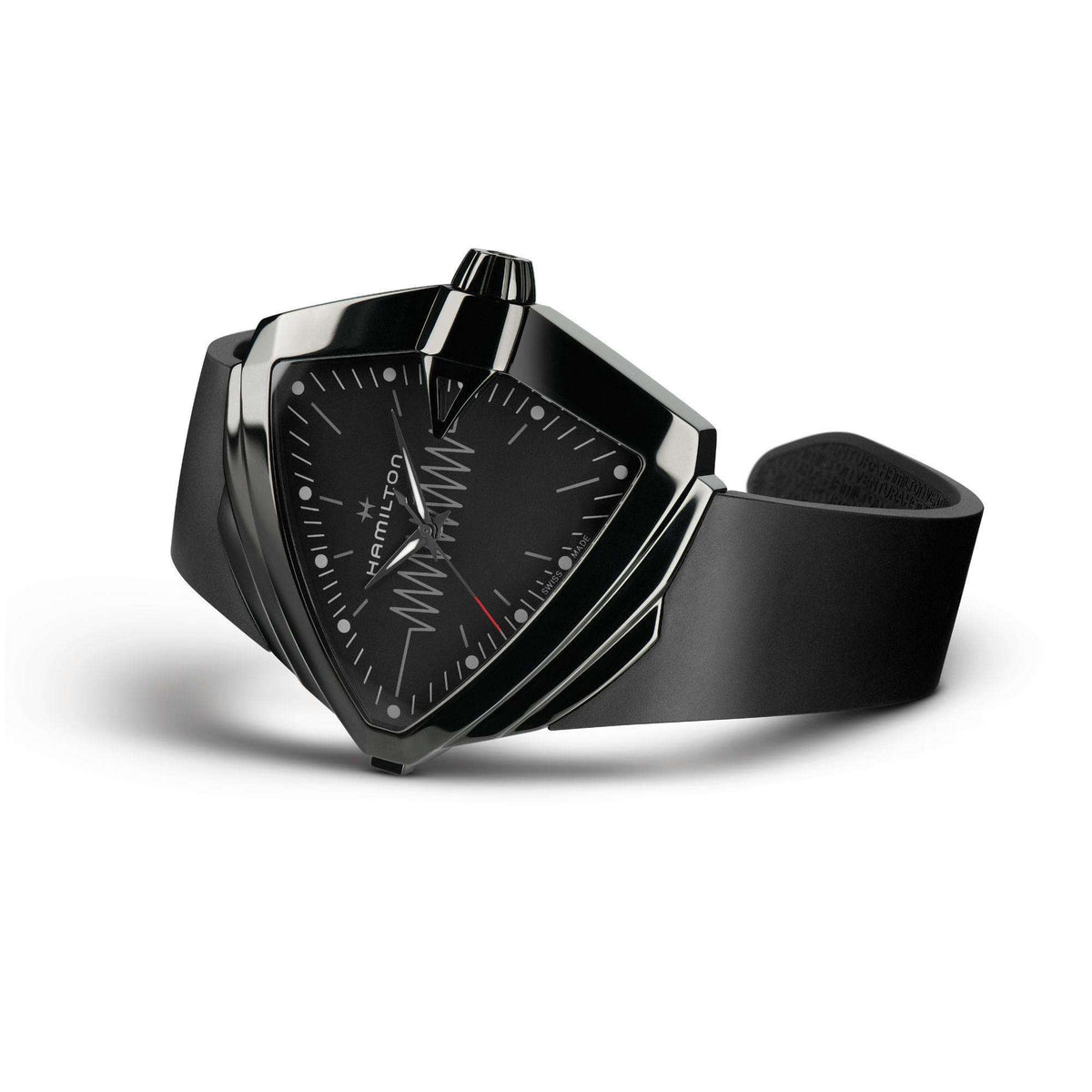 Black dial quartz watch with angular metal case, red accents, and black leather-style strap