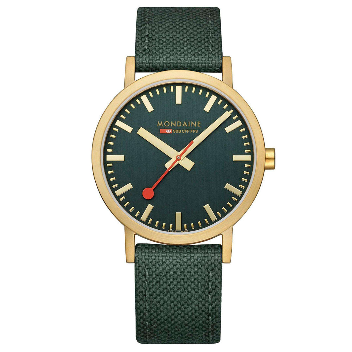 Mondaine classic watch with green dial, gold-tone case, and green fabric strap