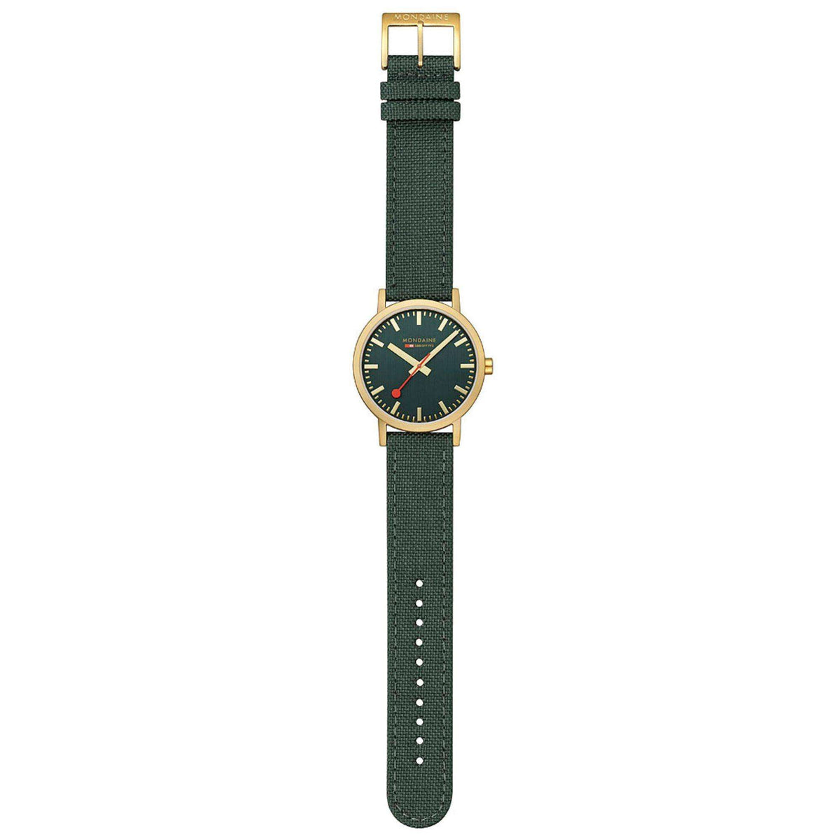 Green fabric strap watch with dark green dial, gold-tone case, and rectangular buckle