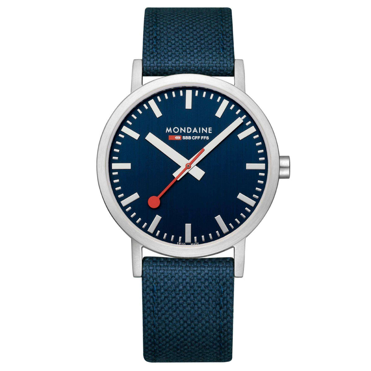 Mondaine Classic 40mm quartz watch with deep blue dial and blue textile strap