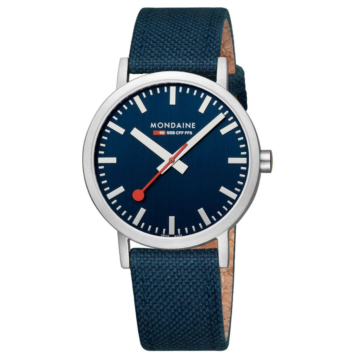 Mondaine Classic 40mm quartz watch, deep blue dial with silver case and blue textile strap