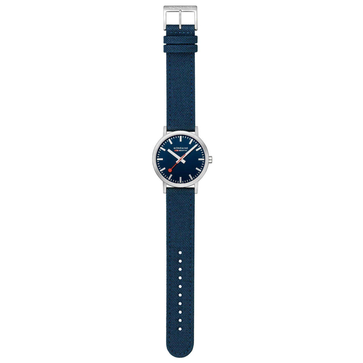 Mondaine Classic quartz watch with deep blue dial and blue textile strap with buckle