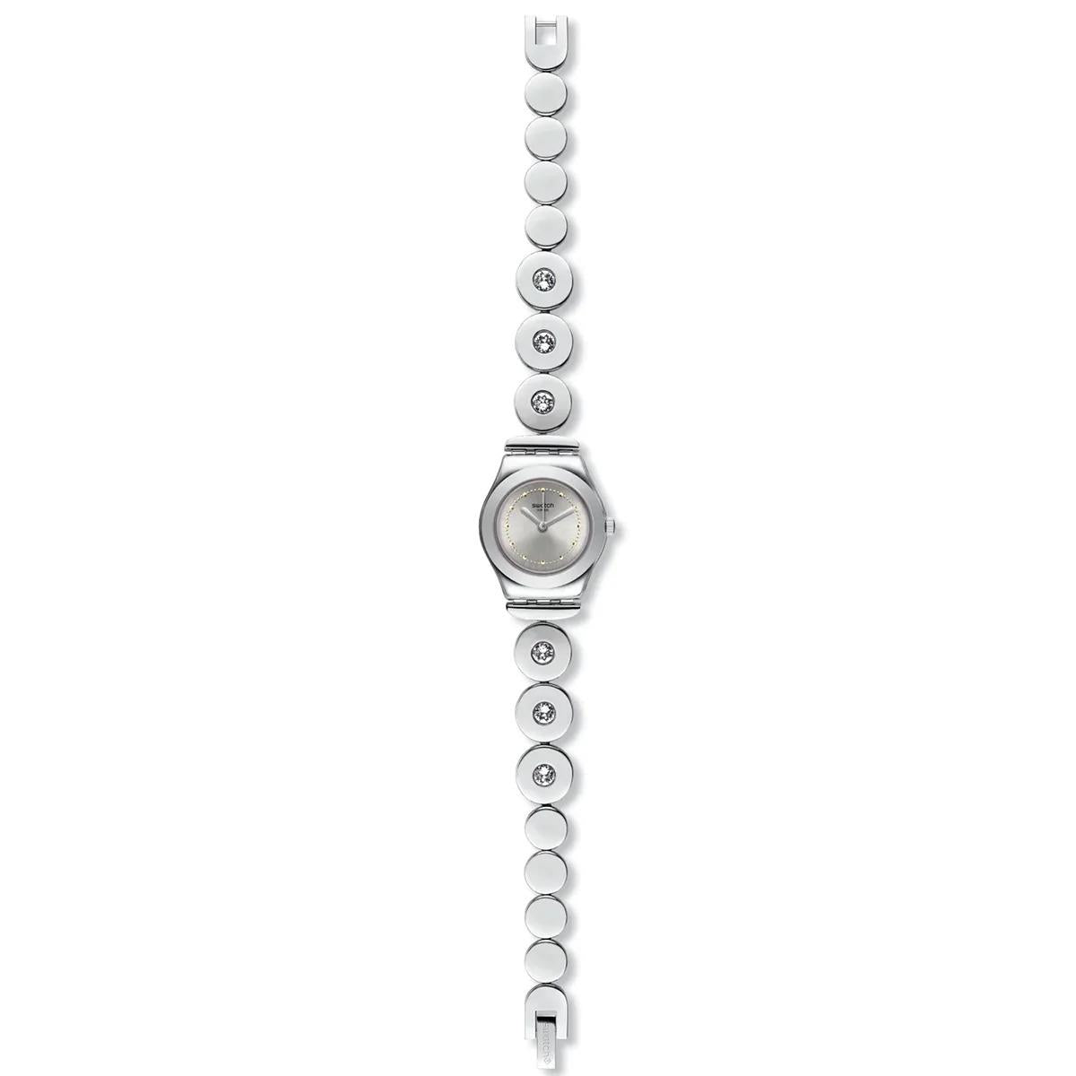 Ladies stainless steel watch on bracelet links, round white dial at center