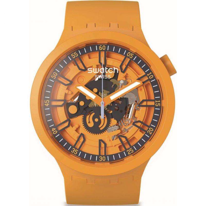 Orange Swatch skeleton dial watch with dark bezel and orange silicone strap
