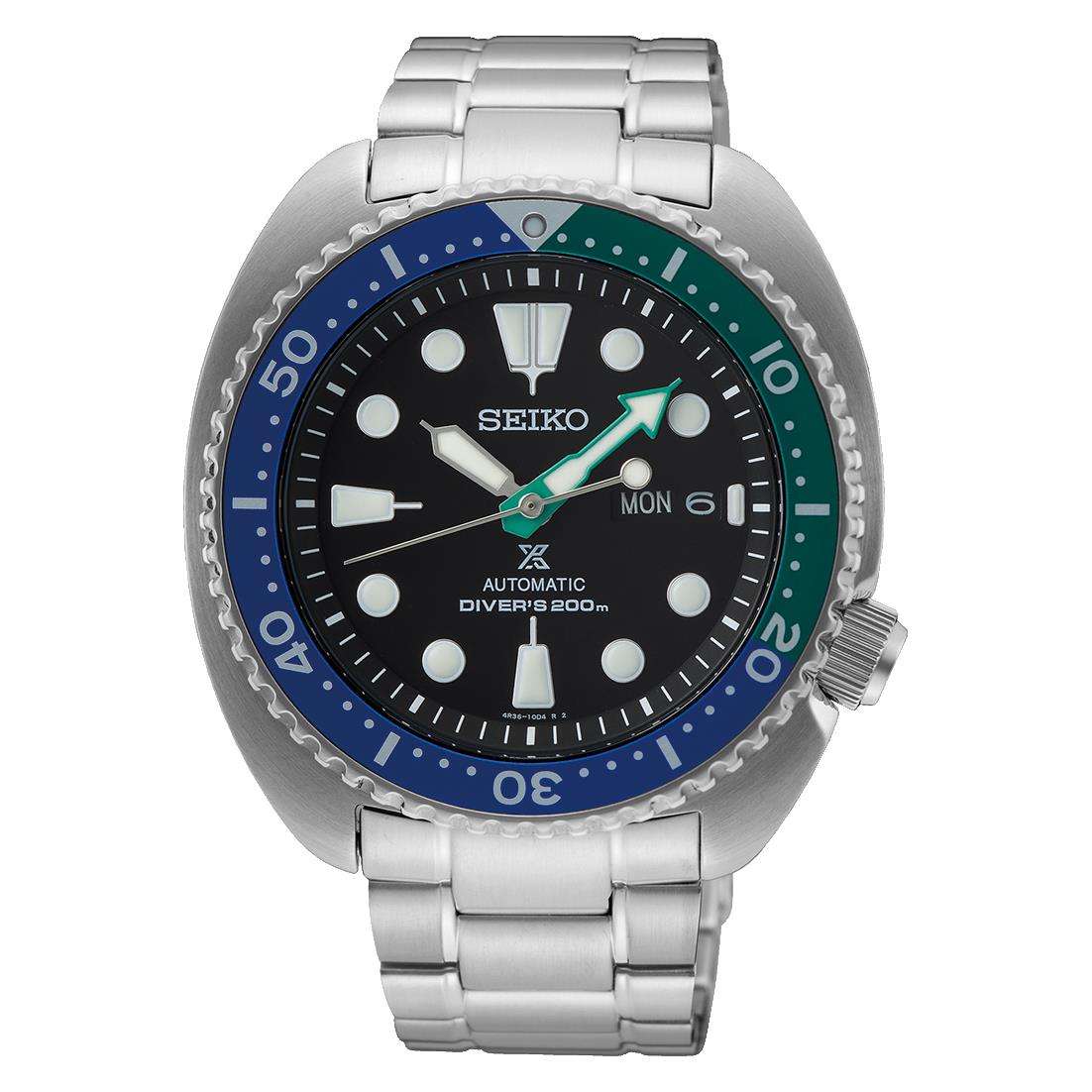 Men's stainless steel dive watch with black dial, blue bezel, green accents, metal bracelet