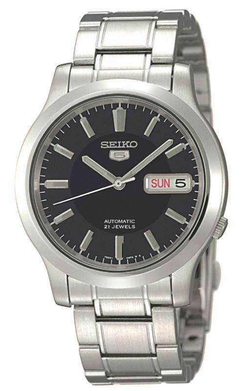 Men's steel automatic watch with blue dial, Seiko 5 logo, and metal bracelet
