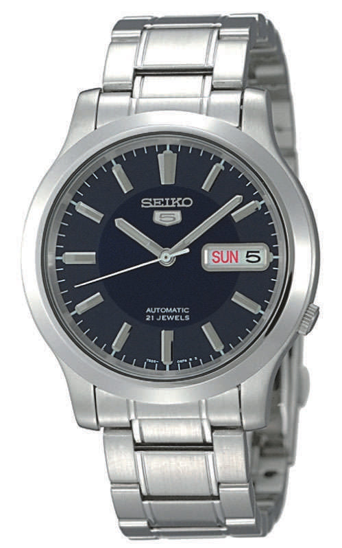 Men's steel automatic watch with blue dial, Seiko 5 logo, and metal bracelet