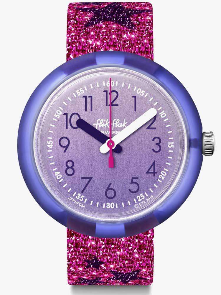 Girls purple dial quartz wristwatch with glitter purple pink textile strap, round blue case