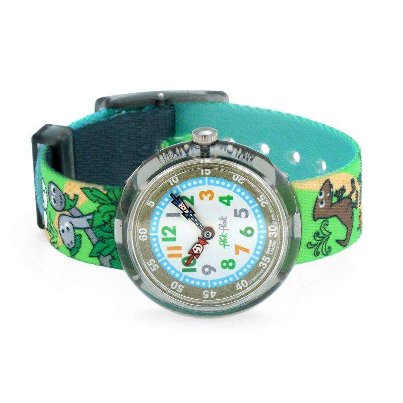 Flik Flak kids wristwatch, teal fabric strap with cartoon animal print, 32mm round case