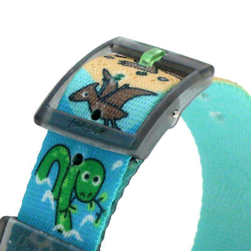 Flik Flak kids wristwatch strap close-up, cartoon animal print with gray square clasp