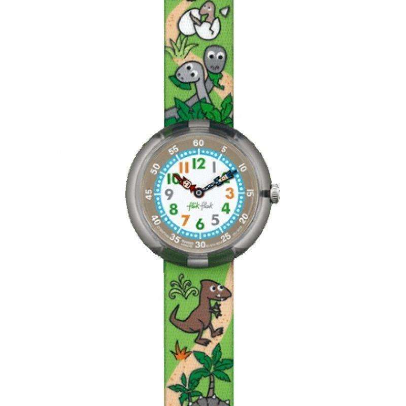 Flik Flak kids wristwatch, green fabric strap and round dial with multicolor animal graphics
