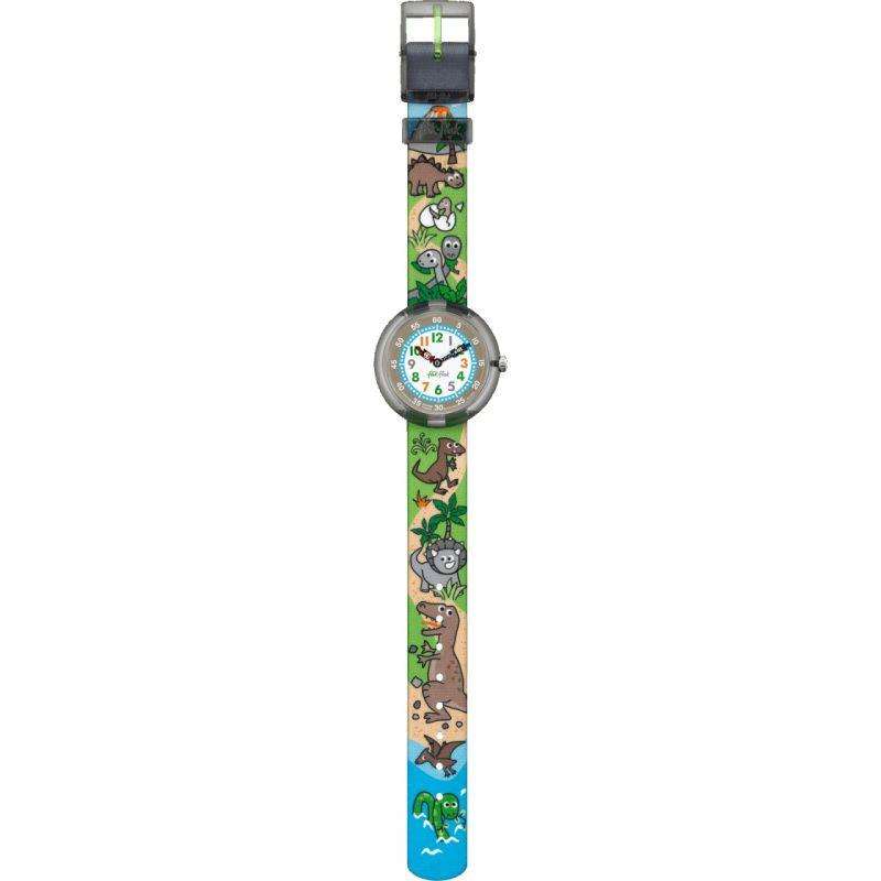 Flik Flak kids wristwatch on teal and green fabric strap with repeating cartoon animal characters