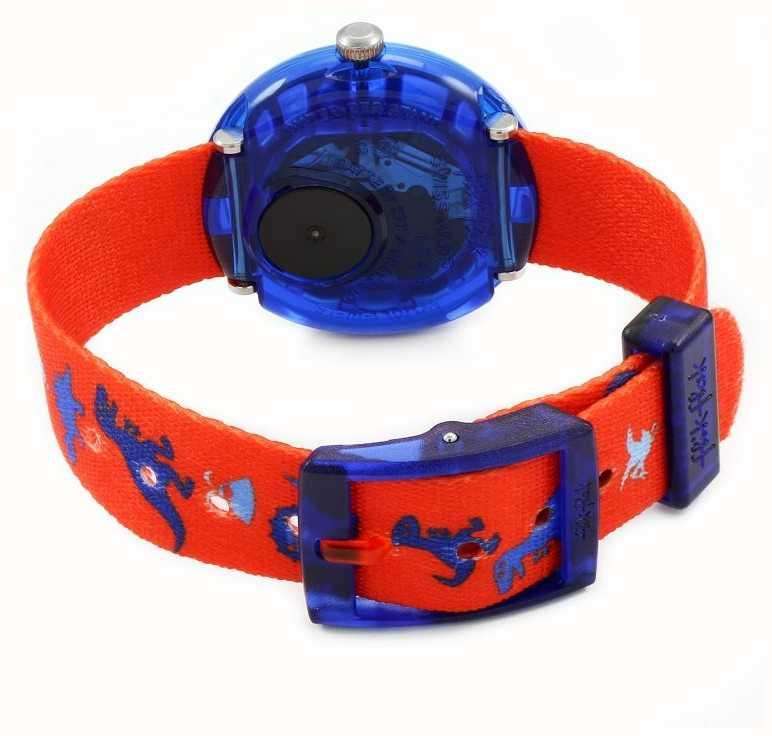 Children's watch with bright orange-red textile strap, blue bezel, dinosaur strap pattern