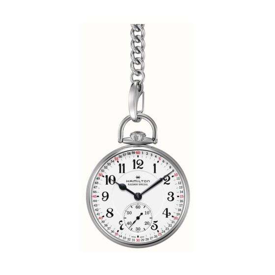 Hamilton railroad pocket watch, silver case, white dial with black Roman numerals and chain