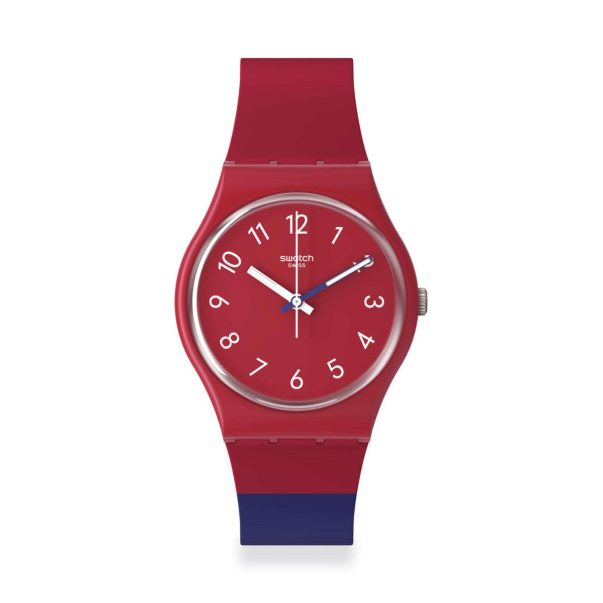Swatch Original Gent watch with round red dial and maroon strap, blue accent band