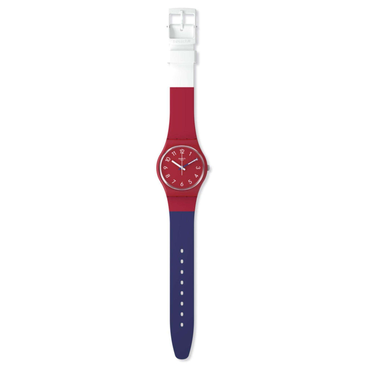 Swatch Original Gent watch with red face and maroon band, buckle and blue underside