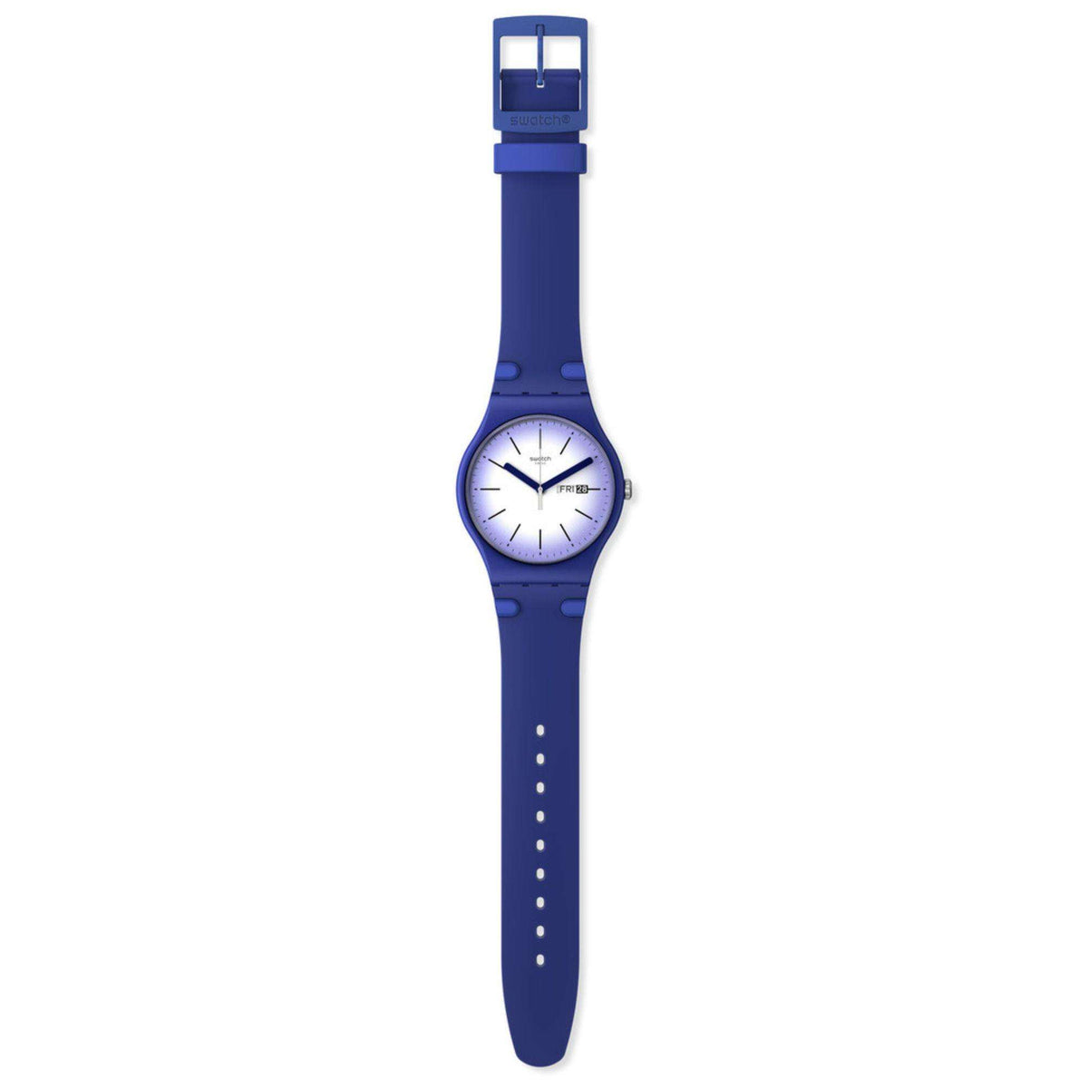 Blue silicone strap watch with light dial and silver-tone hands and markers