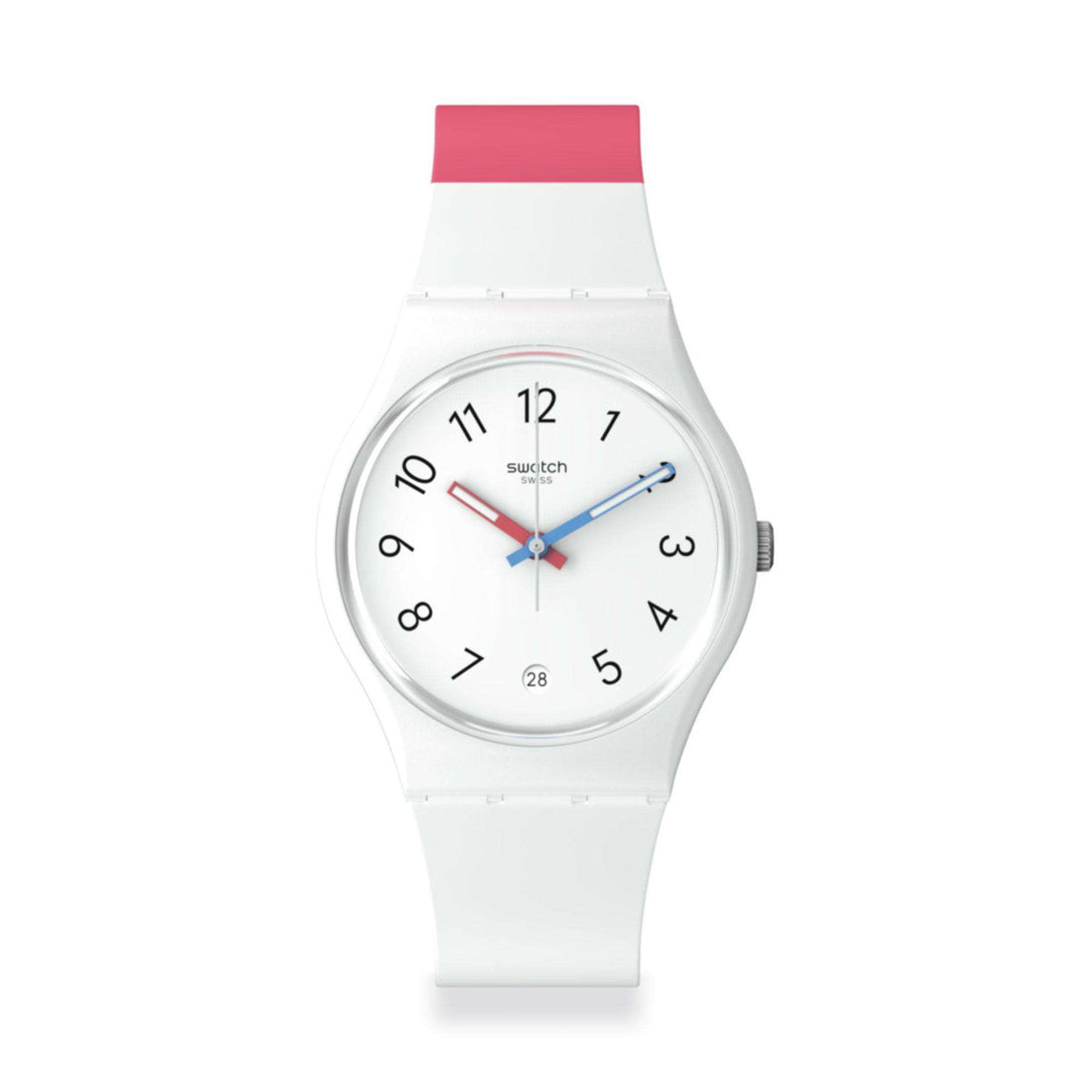 White Swatch wristwatch with round silver dial, red/blue hands, pink bezel top.