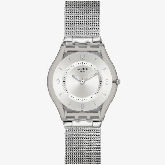 Silver metal Milanese watch with white dial, stick markers, and steel mesh strap.