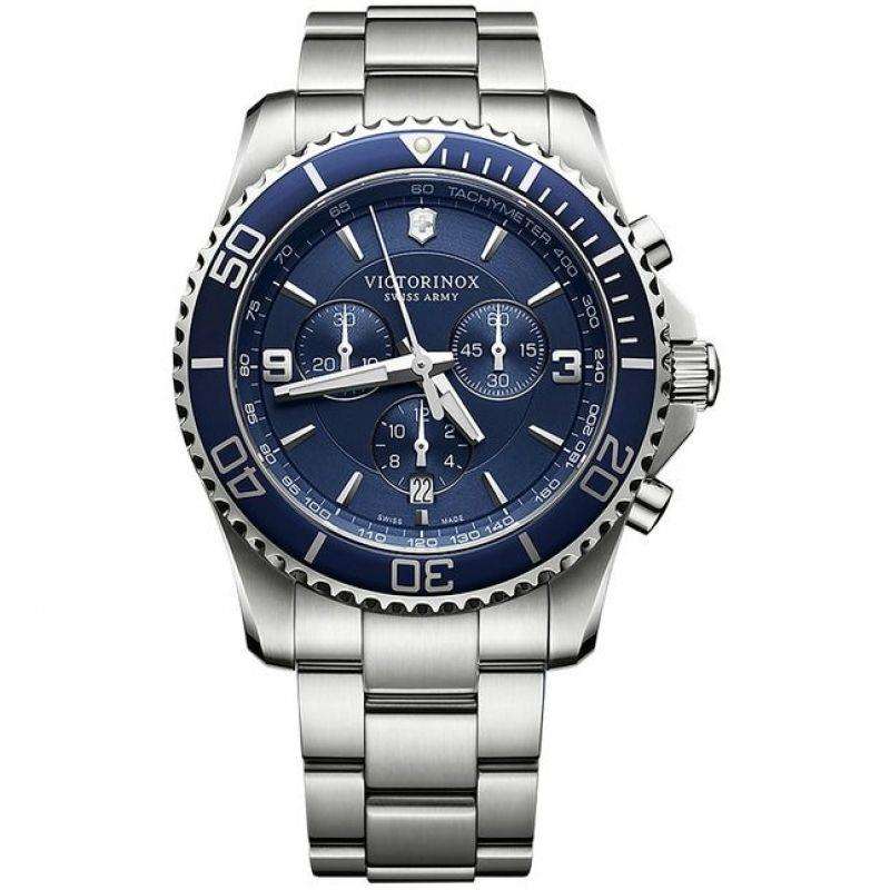 Men's stainless steel chronograph watch with blue dial, tachymeter bezel, quartz movement