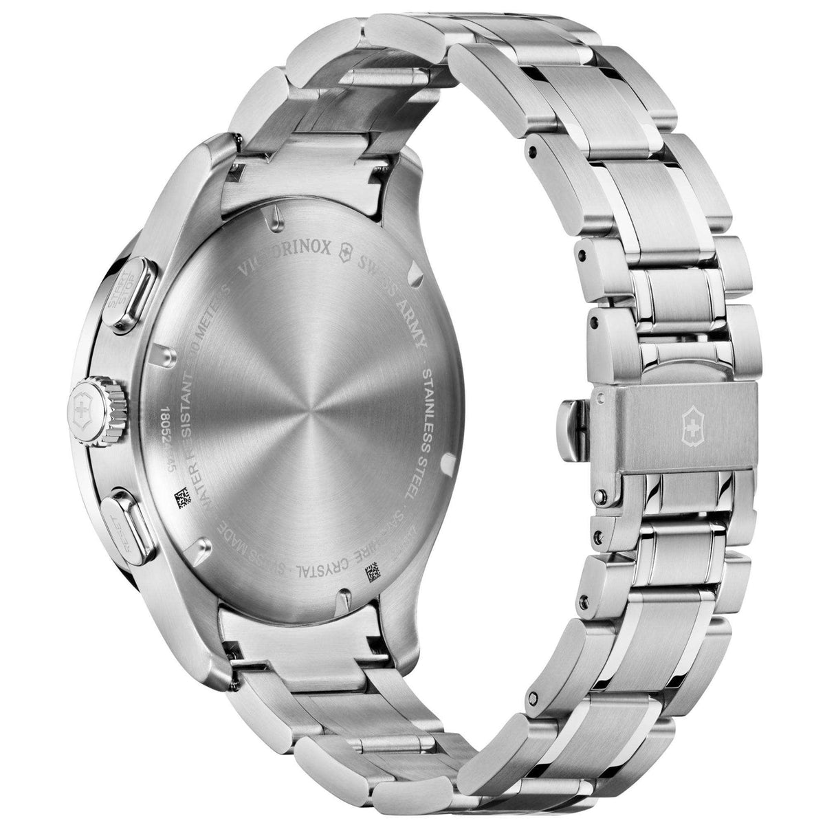 Stainless steel chronograph watch caseback and bracelet links with embossed details