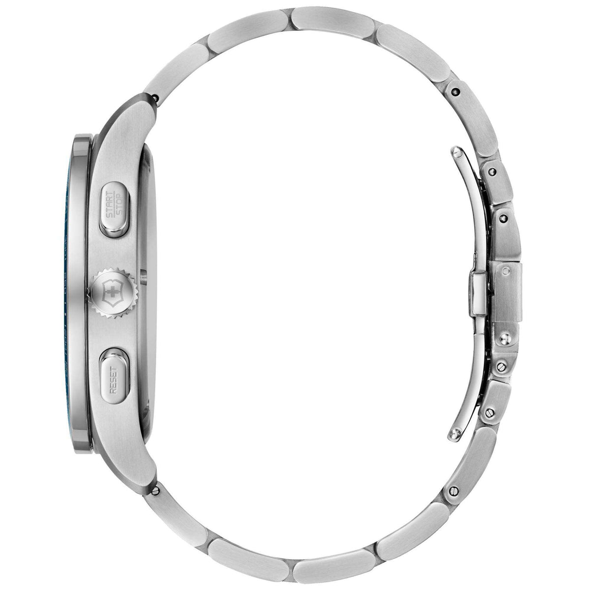 Stainless steel chronograph watch case side with crown and pushers