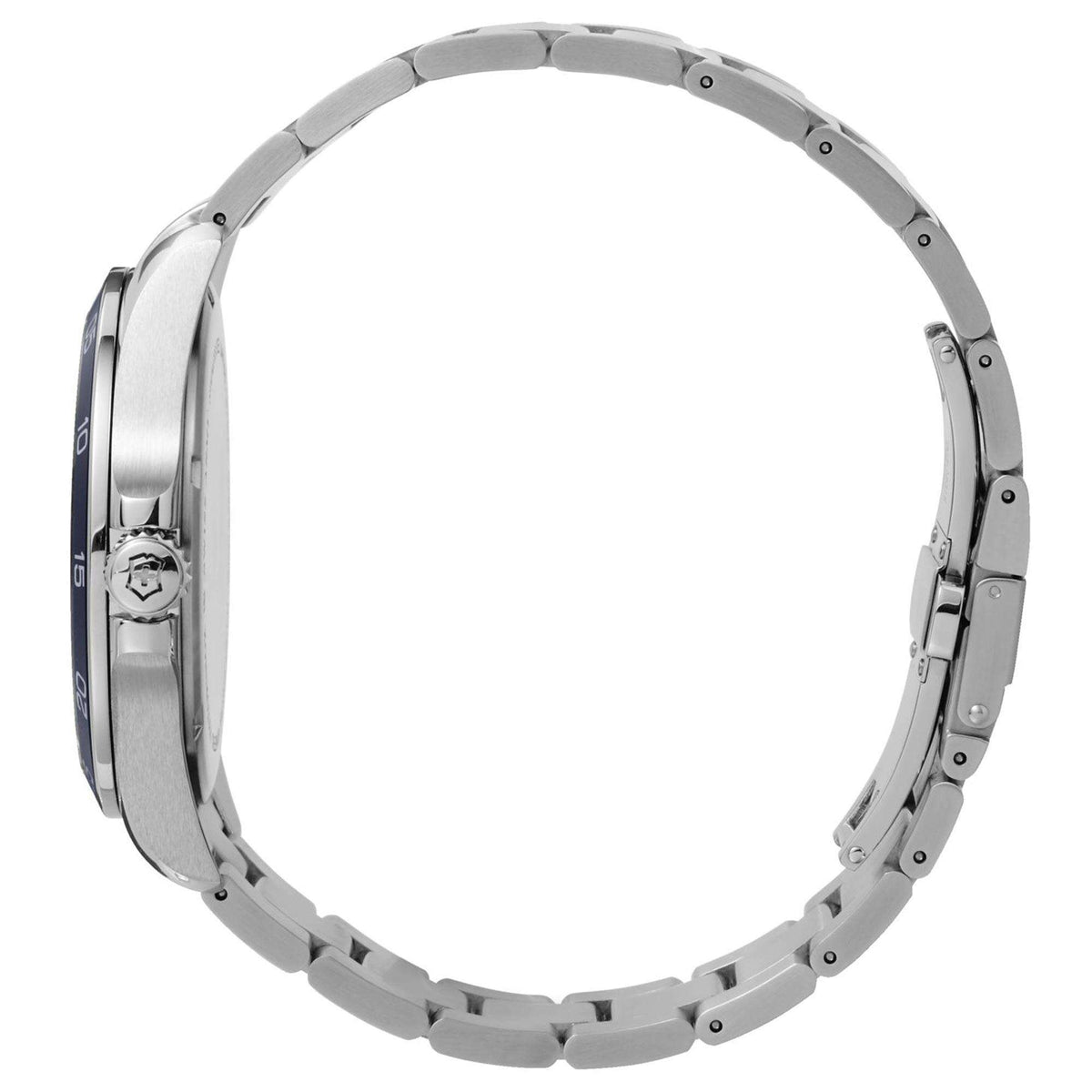 Stainless steel watch case and bracelet links with crown on the side.