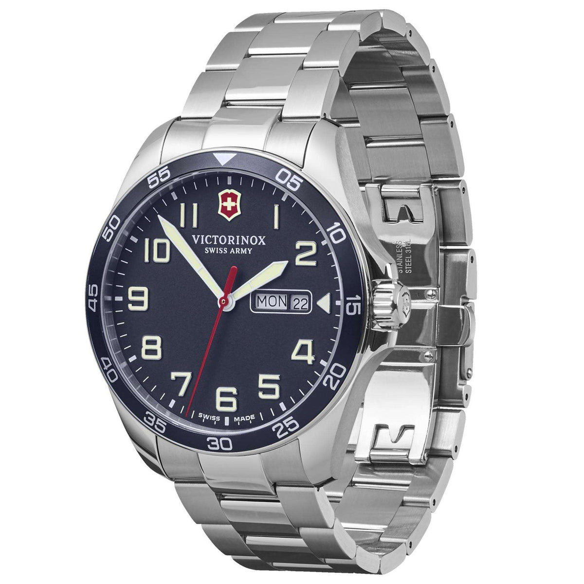 Steel quartz wristwatch with blue dial, red seconds hand, and date window 'MON 22'.