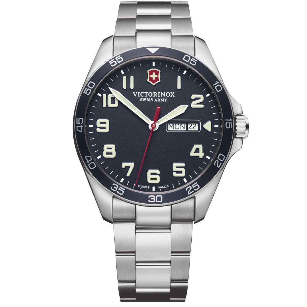 Men's steel quartz watch with blue dial, baton markers, and date window 'MON 22'.