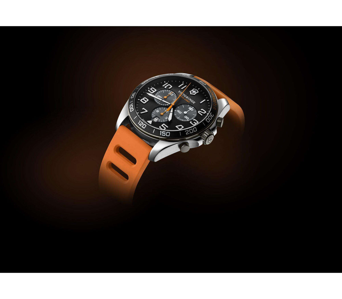 Men's quartz chronograph watch angled, black dial, orange rubber strap