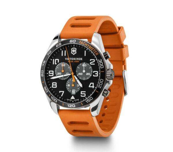 Men's quartz chronograph watch at angle: black dial, orange rubber strap