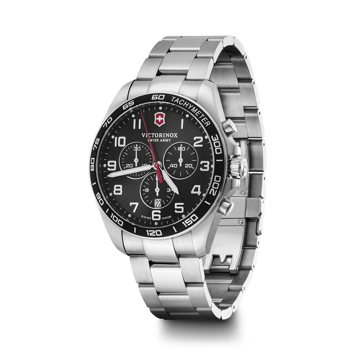 Men's stainless steel chronograph watch, black dial and red second hand, side angle view