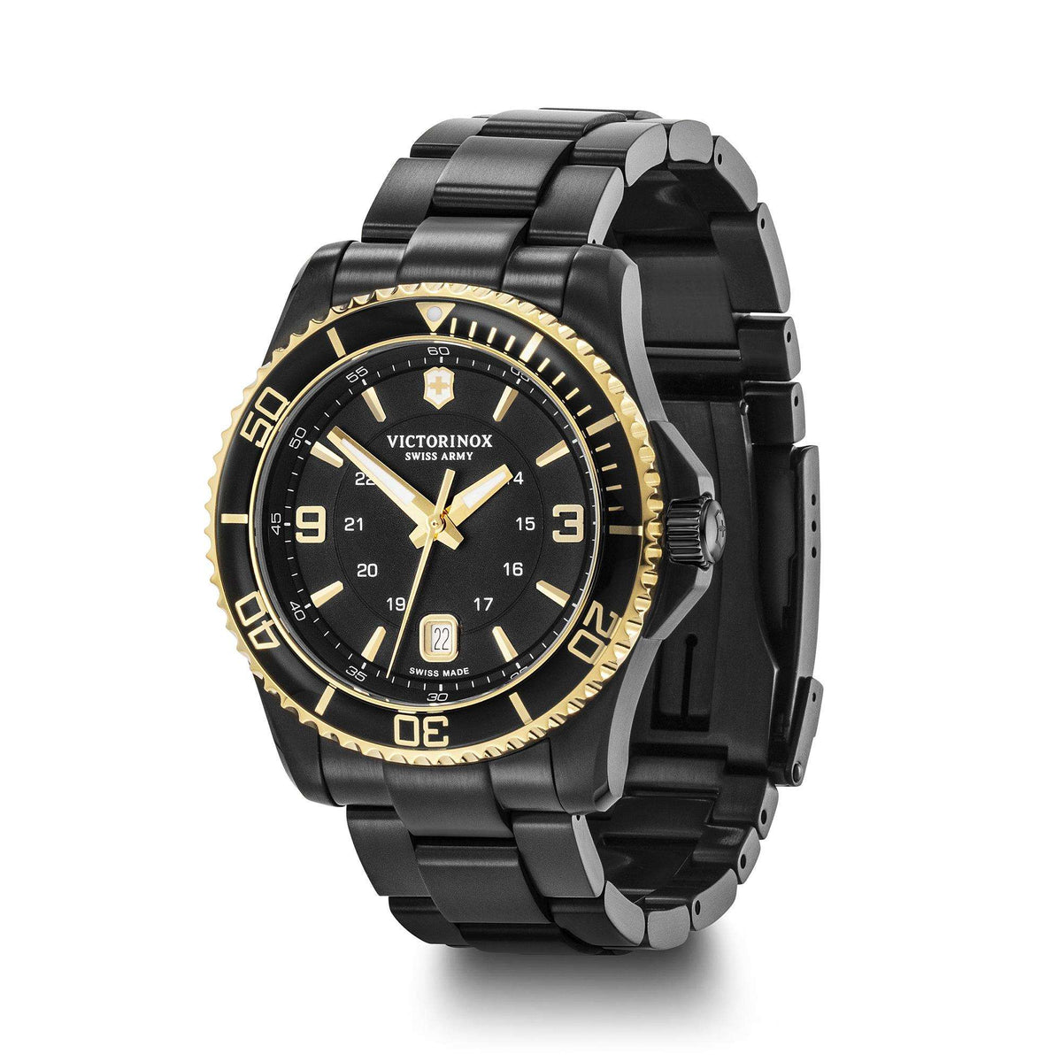 Men's black steel quartz wristwatch, angled side view with black bracelet and gold accents